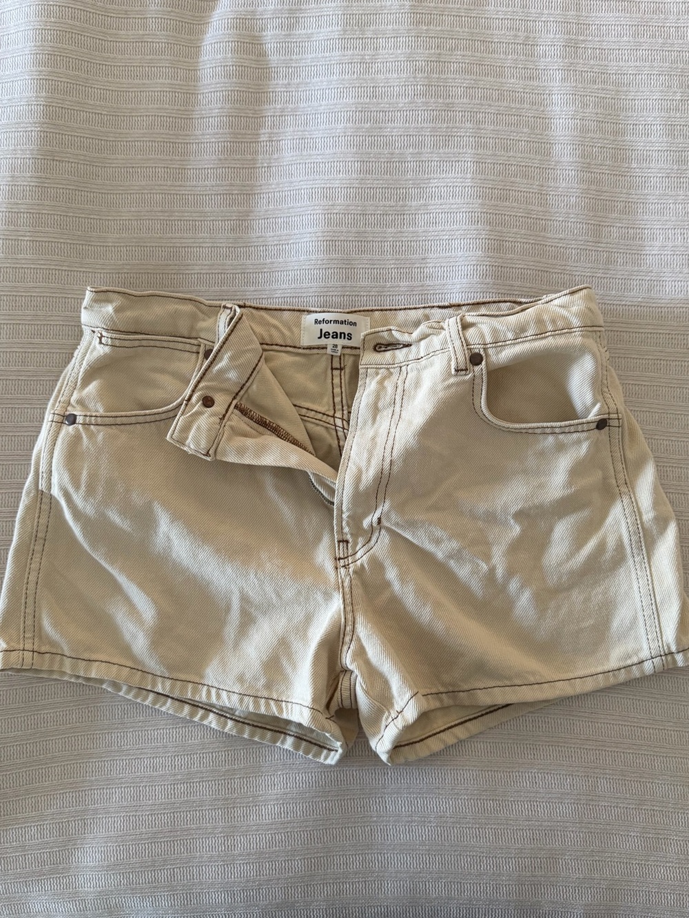 Reformation Cream Denim Shorts